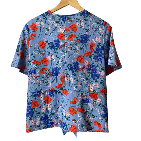 Unique 21 Blue Floral Short Sleeve Blouse Women's 10 Business Office Front Tie - Picture 2 of 4